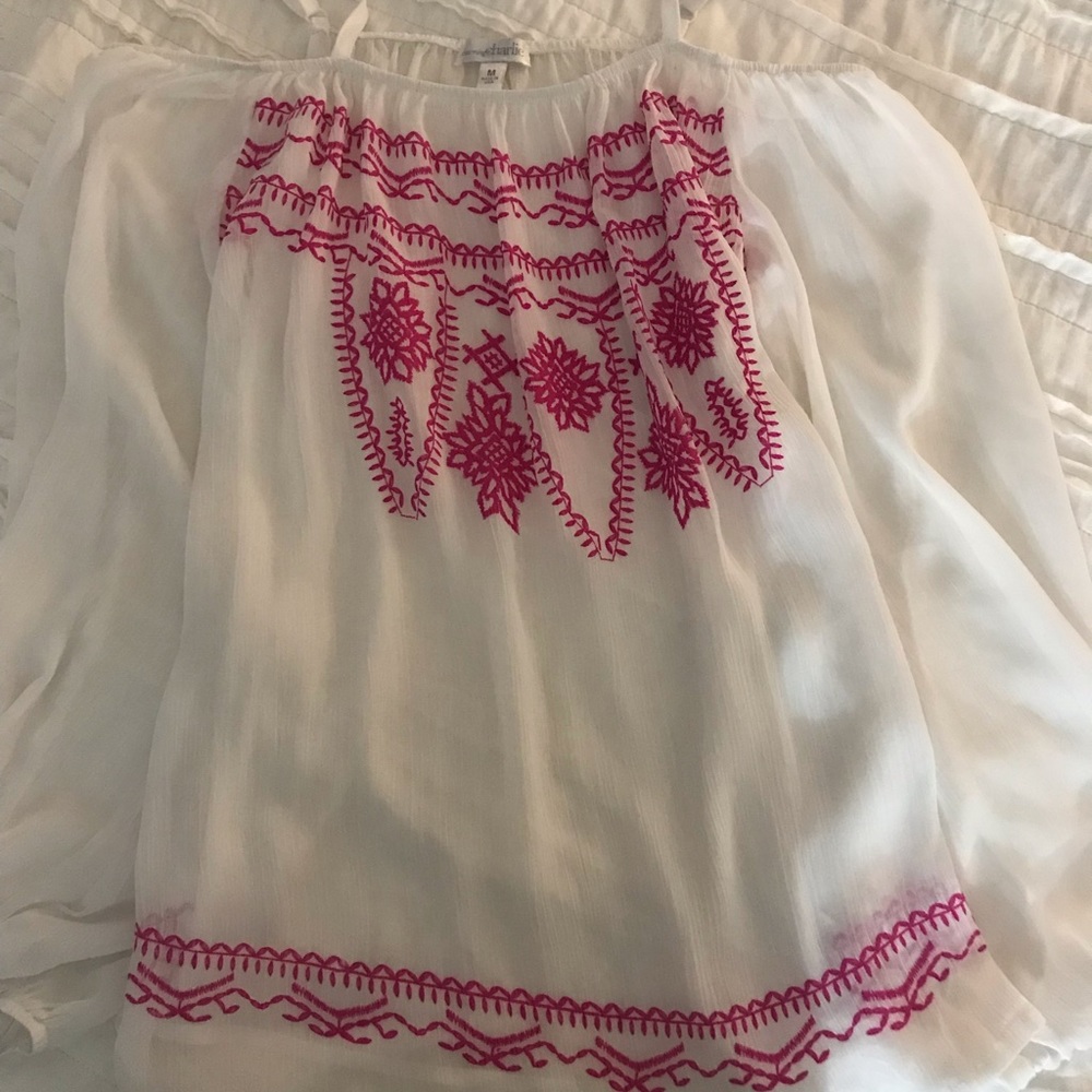 Sheer White Top with Floral Pink Designs
